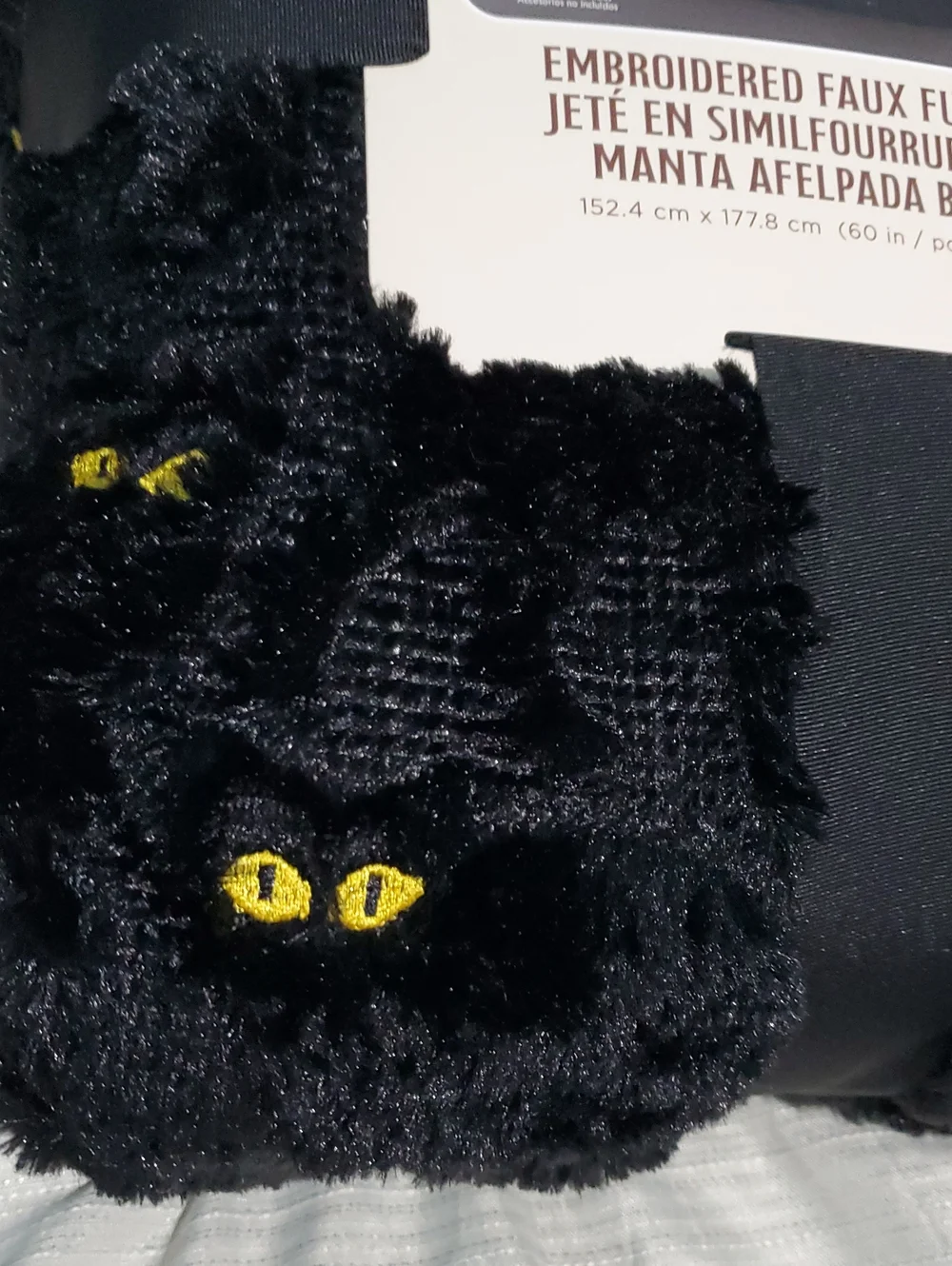 Embroidered Faux Fur Black Cat Throw Blanket